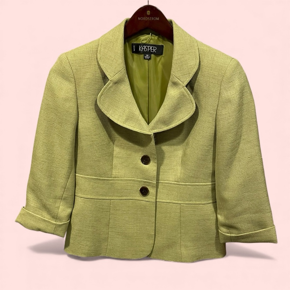 Cute avocado round collar chunky button blazer Kasper lined 3/4 sleeve